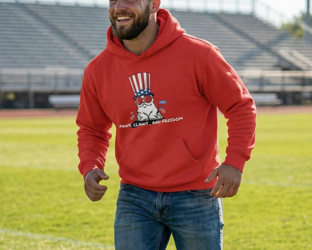 Funny Patriotic Cat Hoodie – Paws Claws and Freedom | USA 250 Anniversary Animal Unisex Hoodie