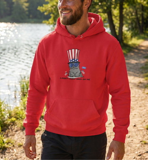Cat Patriotic Hoodie – Liberty Looks Good On Me | USA 250 July 4 Cat Graphic Unisex Hoodie