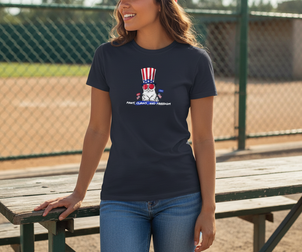 Funny Patriotic Cat T-Shirt – Paws Claws and Freedom | USA 250 Anniversary Animal Unisex Graphic Tee