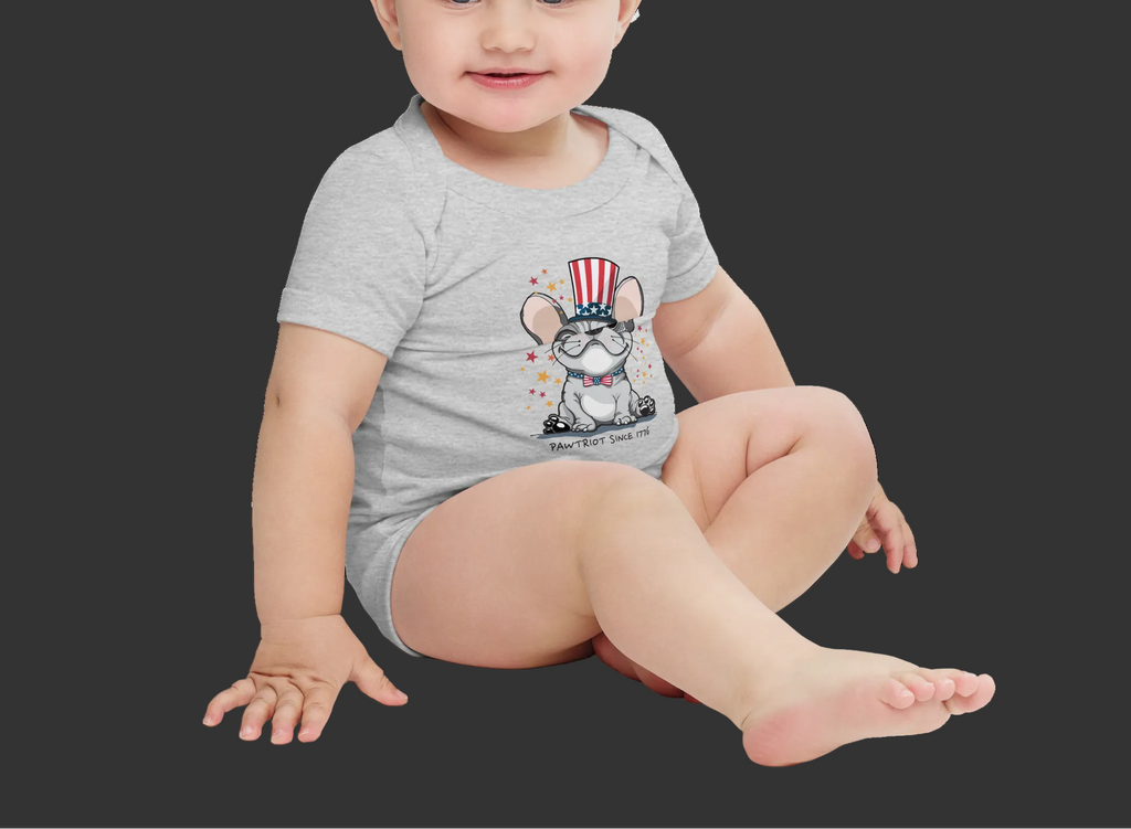 French Bulldog Patriotic Onesie – Pawtriot Since 1776 | USA 250 July 4 Dog Graphic Short Sleeve Bodysuit